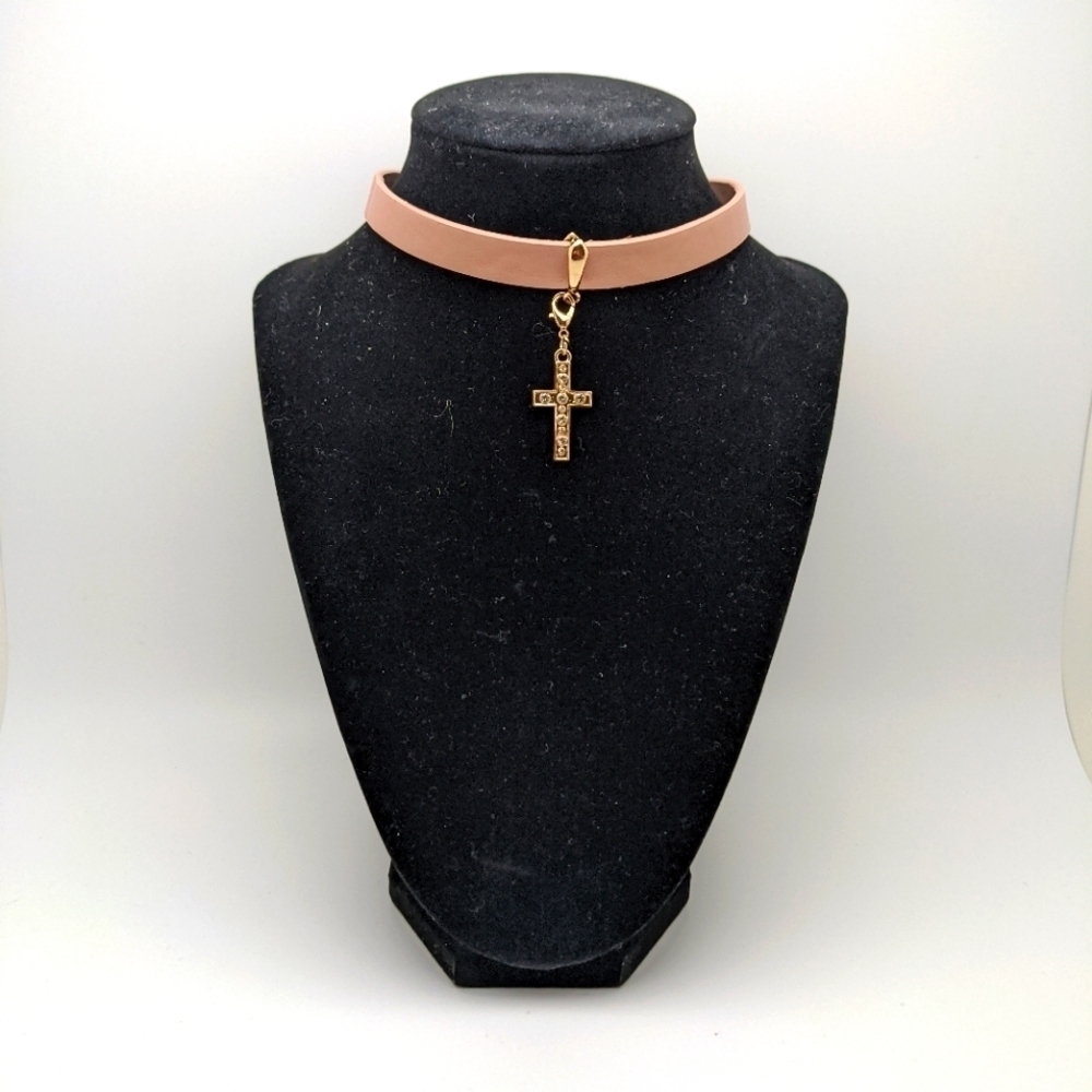 Blush Pink Vegan Leather Cross Choker Necklace